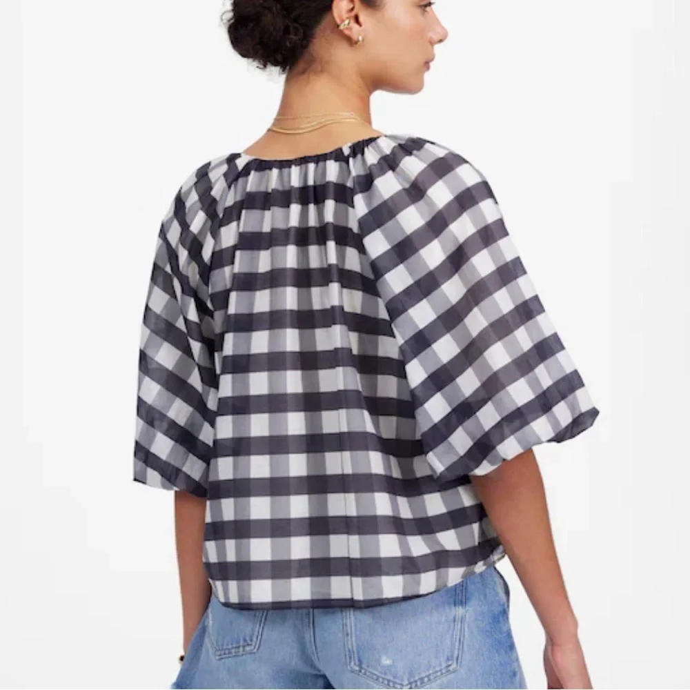 Madewell Bubble-Sleeve Top black white plaid
